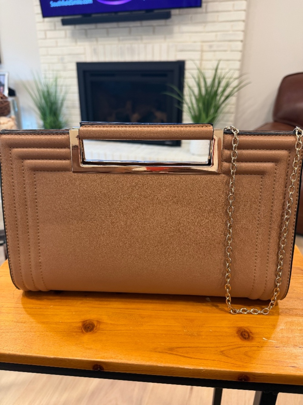 Melie Bianco Tan/Camel Clutch/Shoulder Bag with Gold Chain